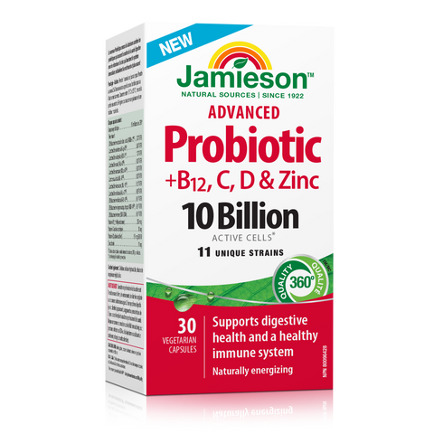 Jamieson Advanced Probiotic + Vitamins B12, C, D, & Zinc 4, 30 Capsules canadian label