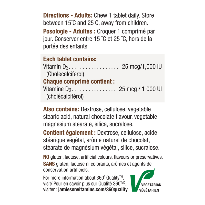 Jamieson Chewable Vitamin D, 1000IU, Chocolate flavour, 100 tablets