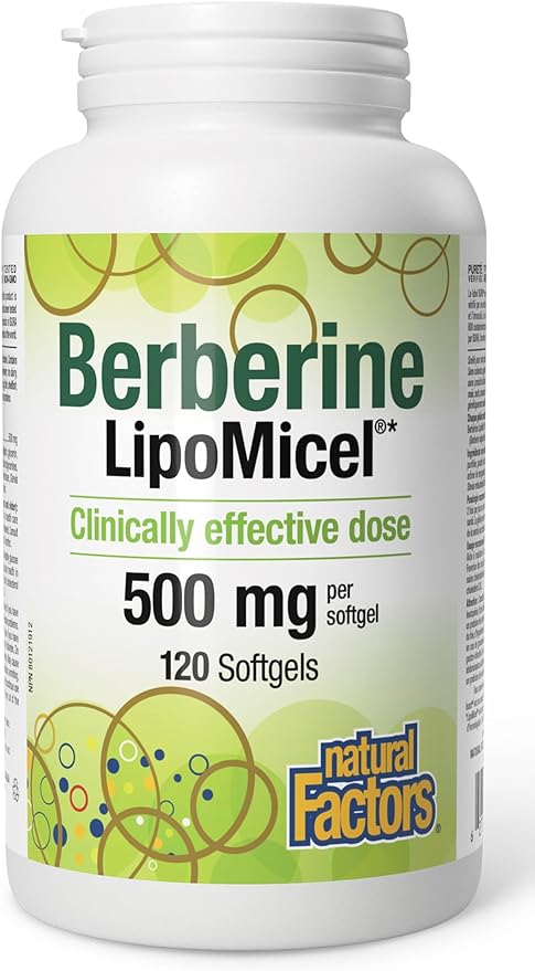 A bottle of Natural Factors Berberine LipoMicel 500mg softgels containing 120 capsules.