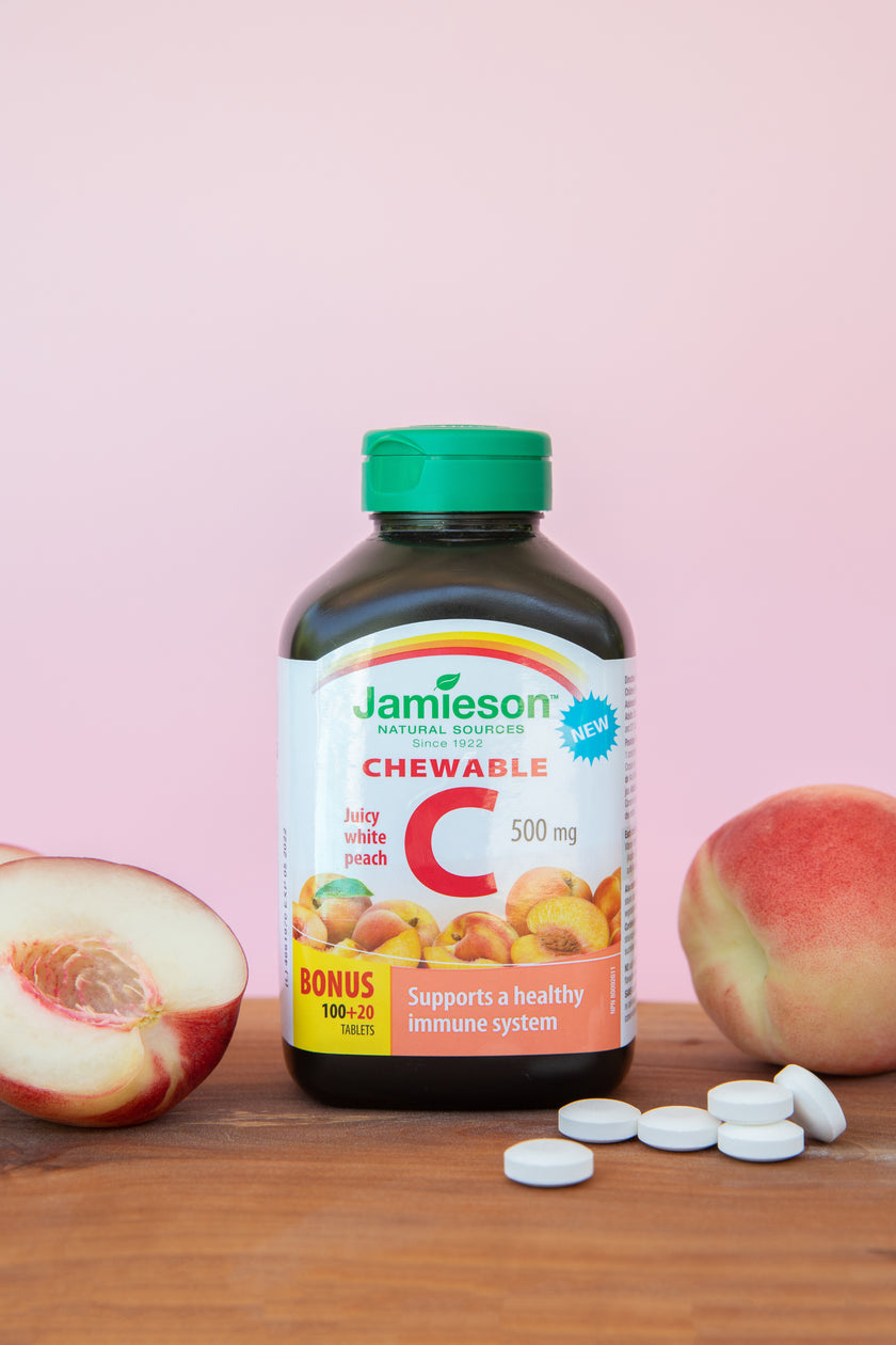 Jamieson Vitamin C 500mg Chewable Juicy White Peach, 100 tablets + 20 FREE BONUS