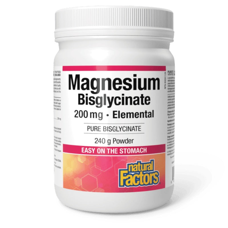 Container of Magnesium Bisglycinate supplement by Natural Factors on a white background Canadian label available online nitvd.com