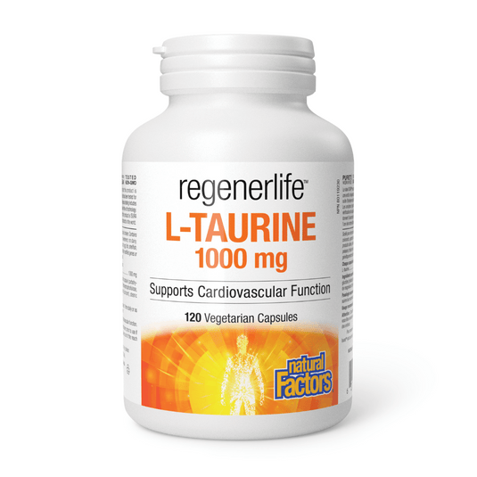 A bottle of Natural Factors RegenerLife L-Taurine 1000mg with 120 V-Caps. The label is white with orange and black text and graphics indicating the product supports cardiovascular function.