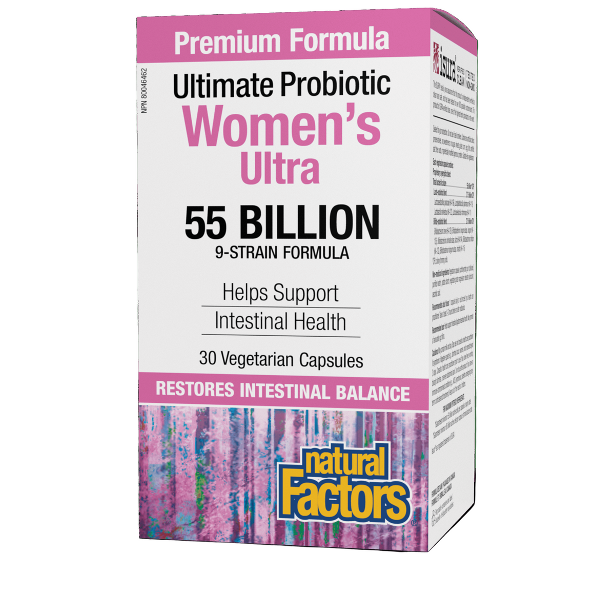 Box of Natural Factors Women's Ultra Probiotic 55 Billion with 30 Vegetarian Capsules, highlighting the benefits for intestinal health. Canadian label available online nitvd.com