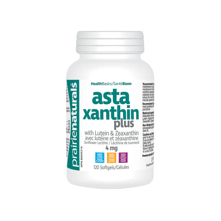 Bottle of prairienaturals asta xanthin plus on a white background