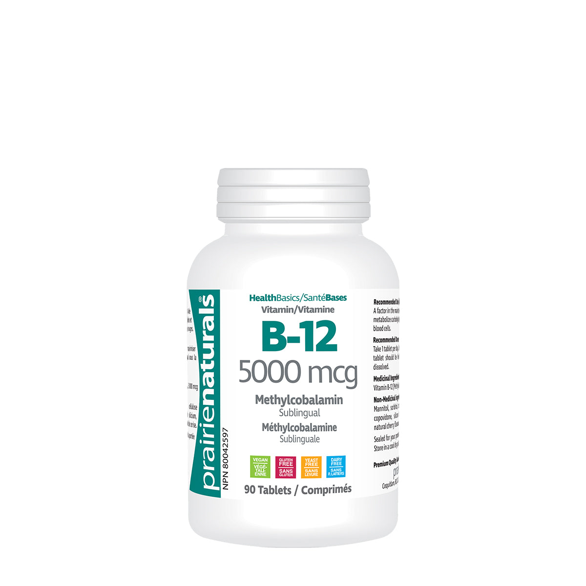 Bottle of prairie naturals B-12 supplement on a white background B-12 5000 mcg Canadian version label sold on nitvd.com
