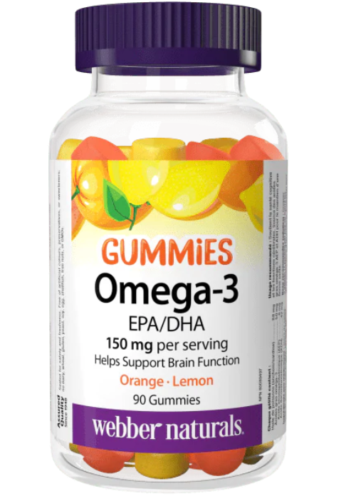 A bottle of Webber Naturals Omega-3 Gummies with orange and lemon flavors, 90 count, with the gummies visible through the clear bottle.