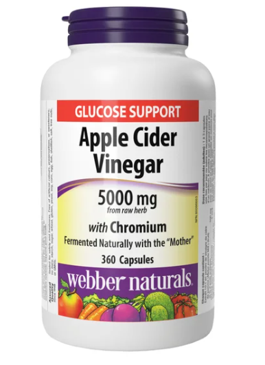 A bottle of Webber Naturals Apple Cider Vinegar with Chromium 5000 mg, with 360 capsules. The label indicates it's for glucose support and is fermented naturally with the 'Mother'.