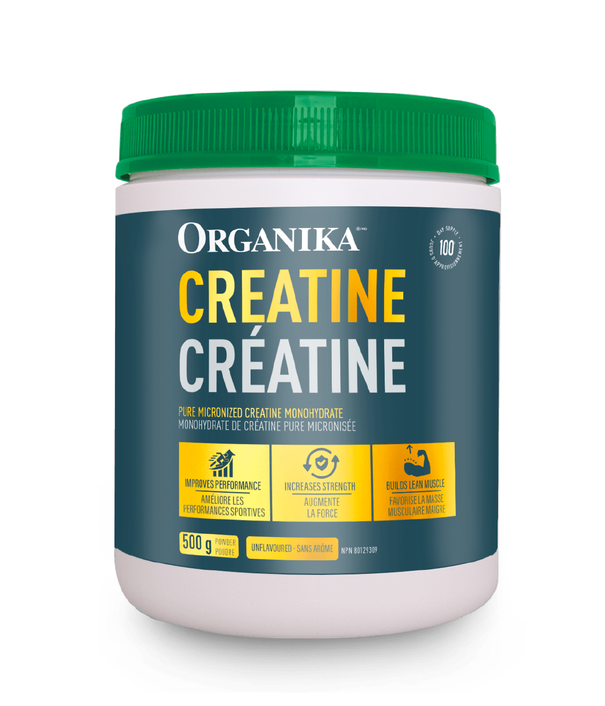 A container of Organika Creatine Powder, unflavored, with a green lid on a white background.