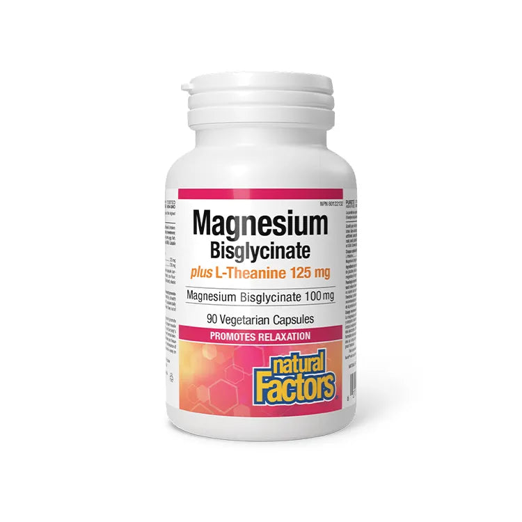 Bottle of Magnesium Bisglycinate with L theanine supplement with Natural Factors branding on a white background Canadian label available online nitvd.com