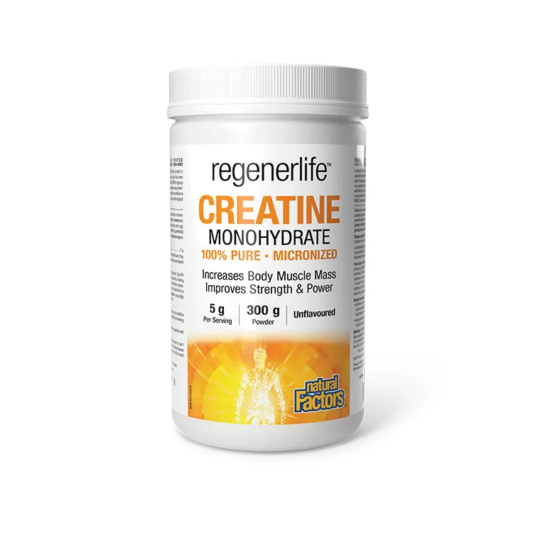 Regenerlife Creatine Monohydrate 300g supplement container on a white background Canadian label available online nitvd.com