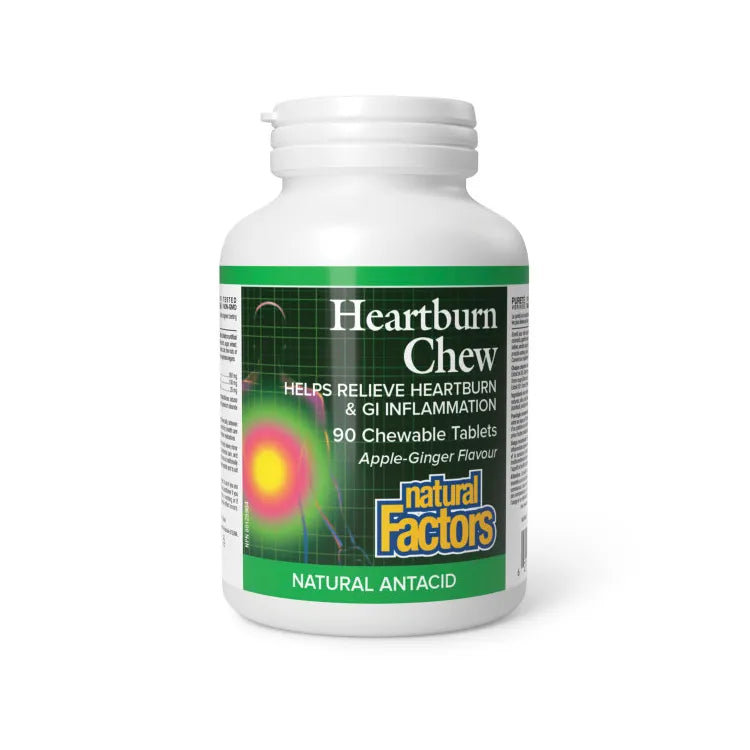 Bottle of Natural Factors Heartburn Chew tablets on a white background Canadian label available online nitvd.com