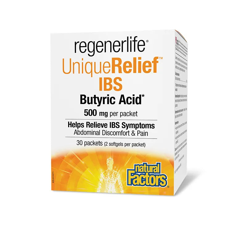 Regenerlife UniqueRelief IBS Butyric Acid supplement box on a white background nitvd.com Canada