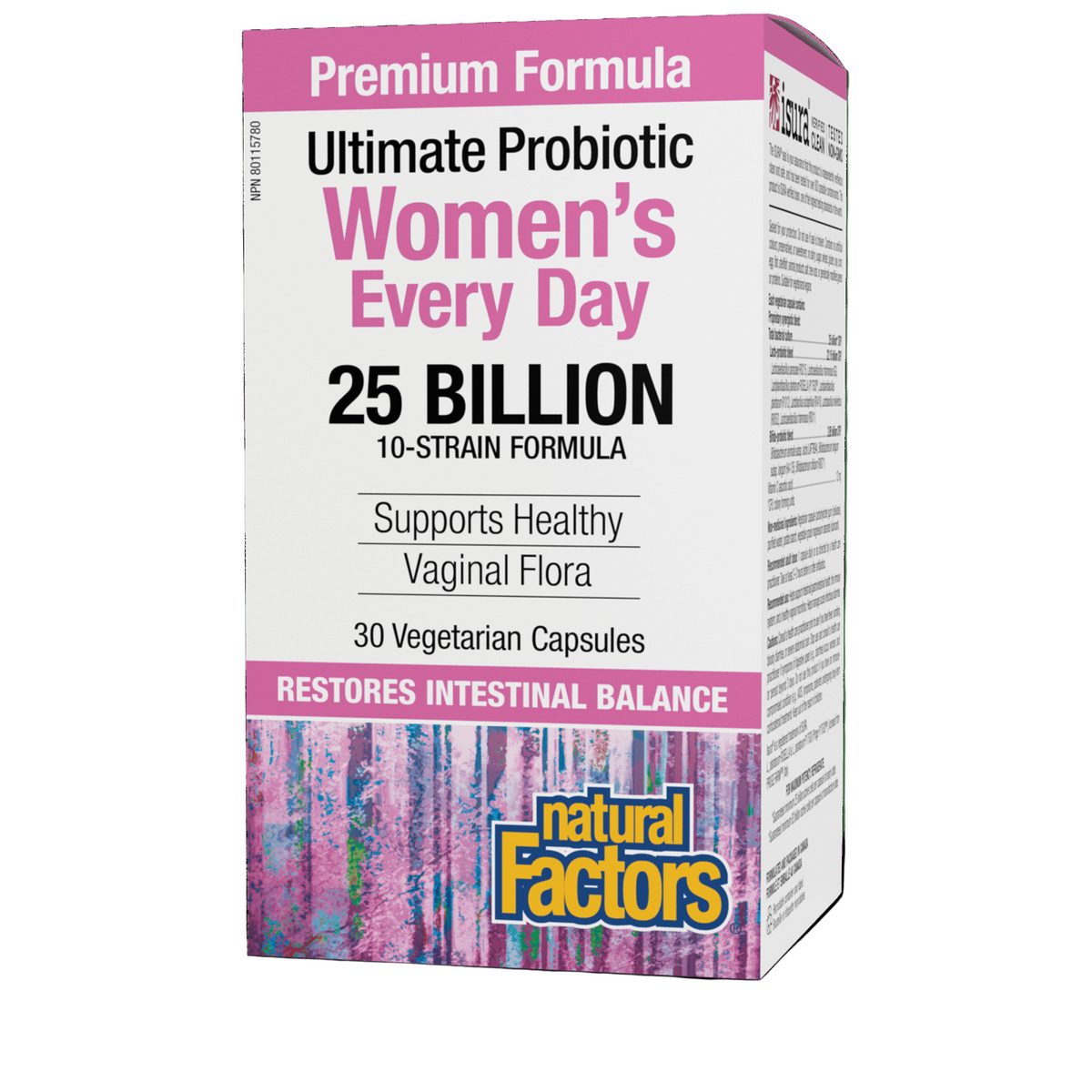 Box of Natural Factors Women's Every Day Probiotic 25 Billion with 30 VCaps. The packaging is pink and white with product information and branding visible. Canadian label available online nitvd.com