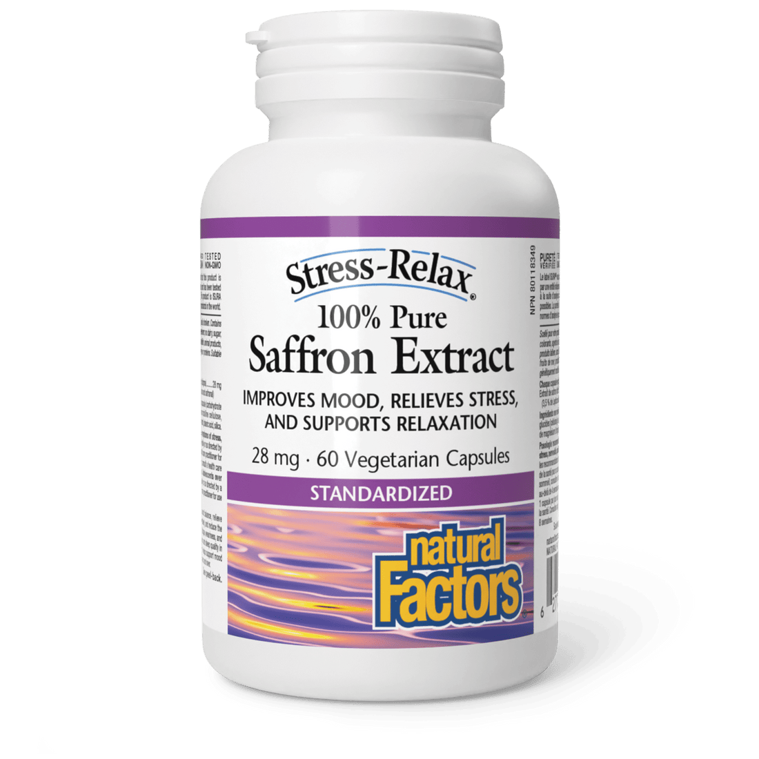 A bottle of Natural Factors Saffron Extract, labeled as 100% Pure, with 60 vegetarian capsules for stress relief.