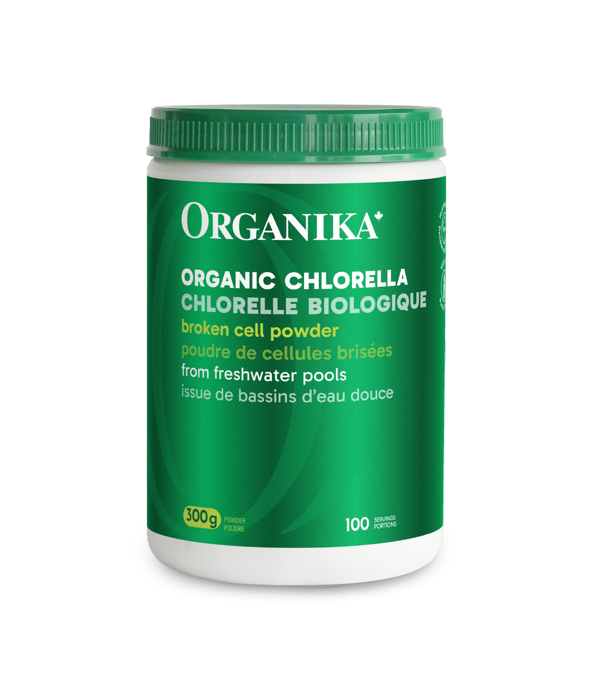 Organika Organic Chlorella powder container on a green background