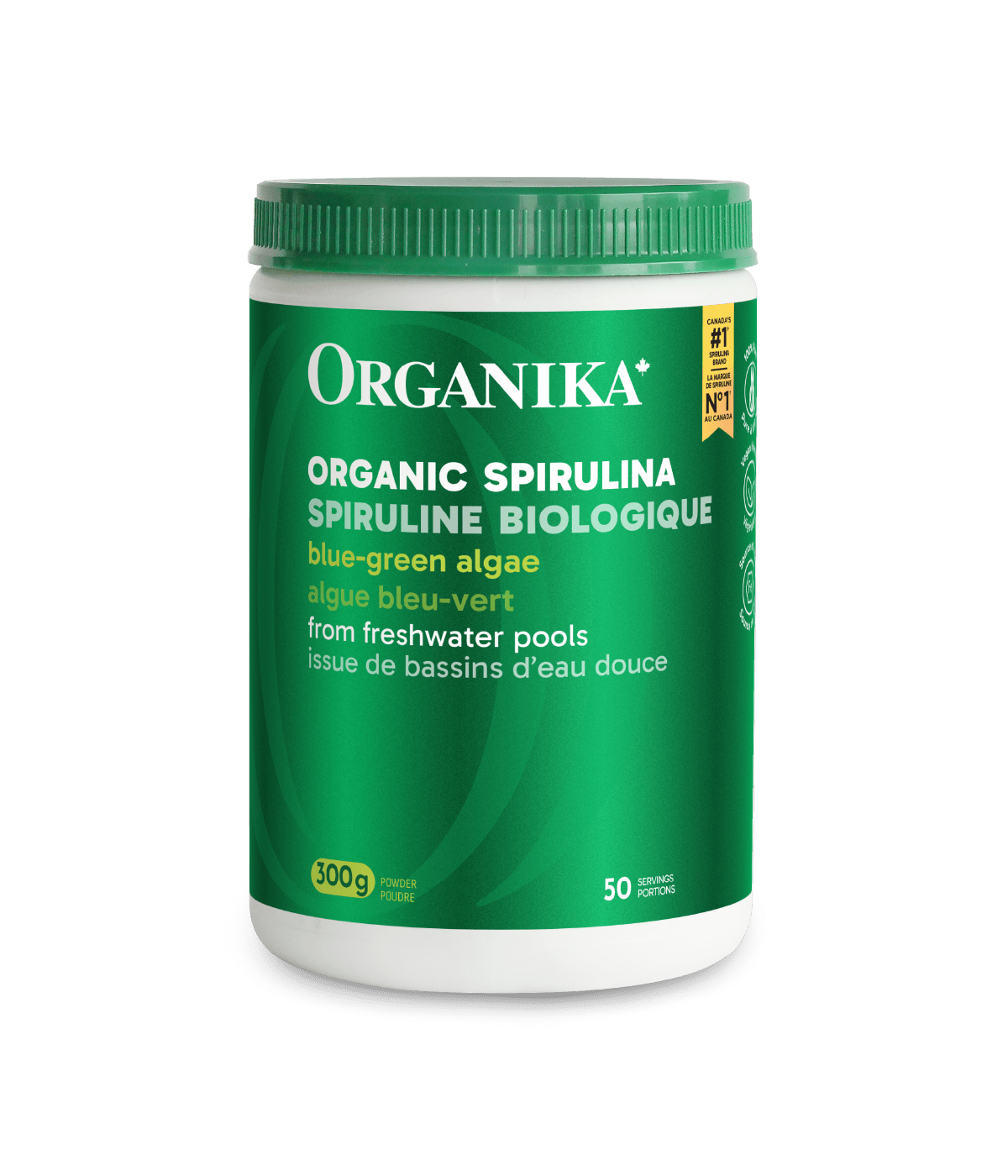 Organika Organic Spirulina supplement container on a green background