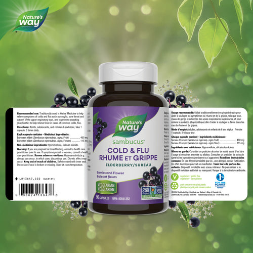 Nature's Way Sambucus Elderberry Cold and Flu Care Capsules, 90 capsules Canadian label information