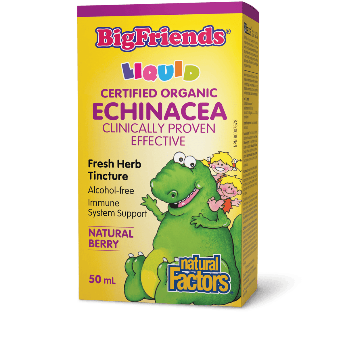 Box of Natural Factors Echinacea Alcohol-Free Fresh Herb Tincture for Kids, 50 ml with a cartoon of a green dinosaur and kids on the packaging.