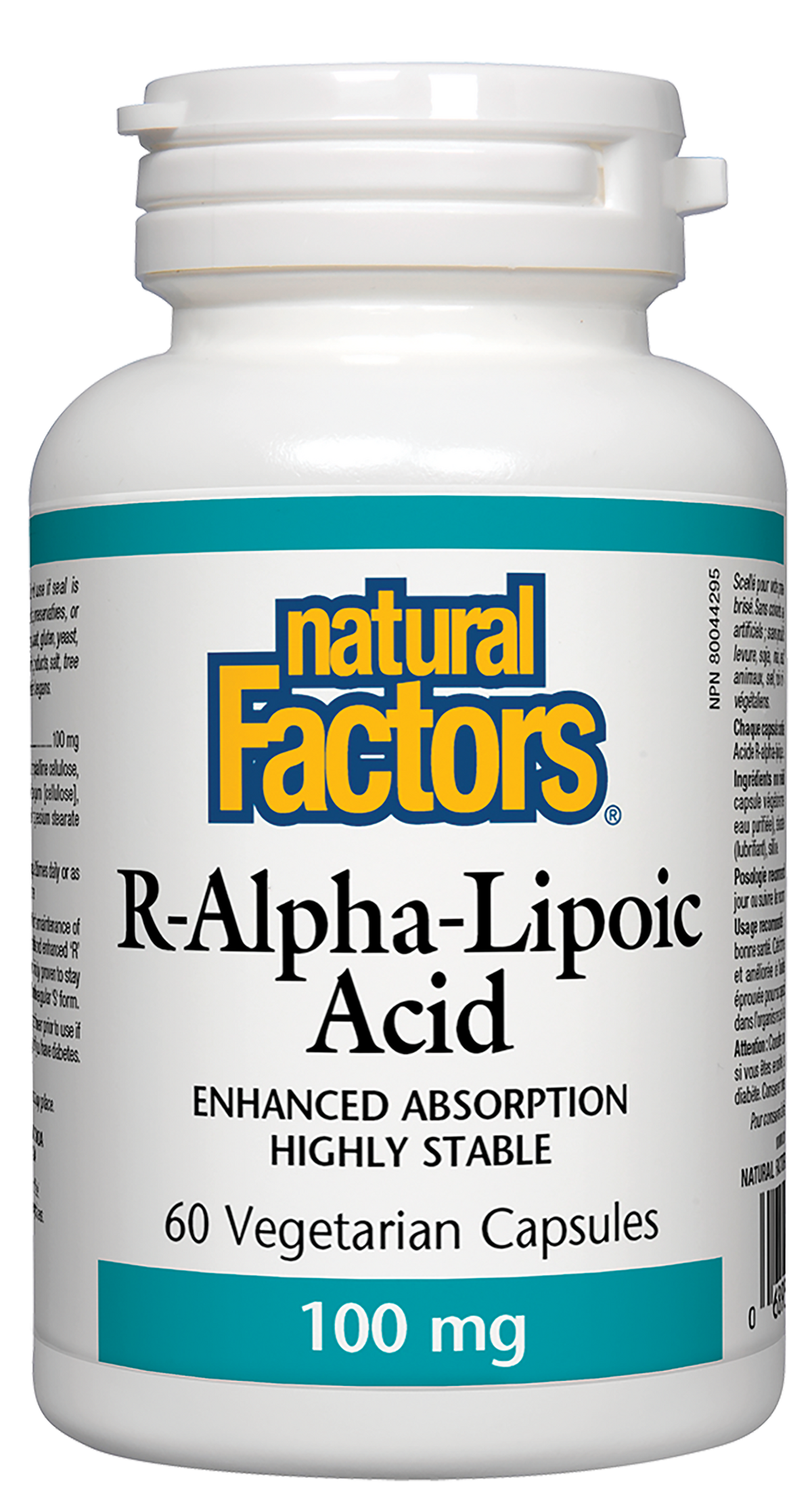 Bottle of Natural Factors R-Alpha-Lipoic Acid, 100 mg, with 60 vegetarian capsules.