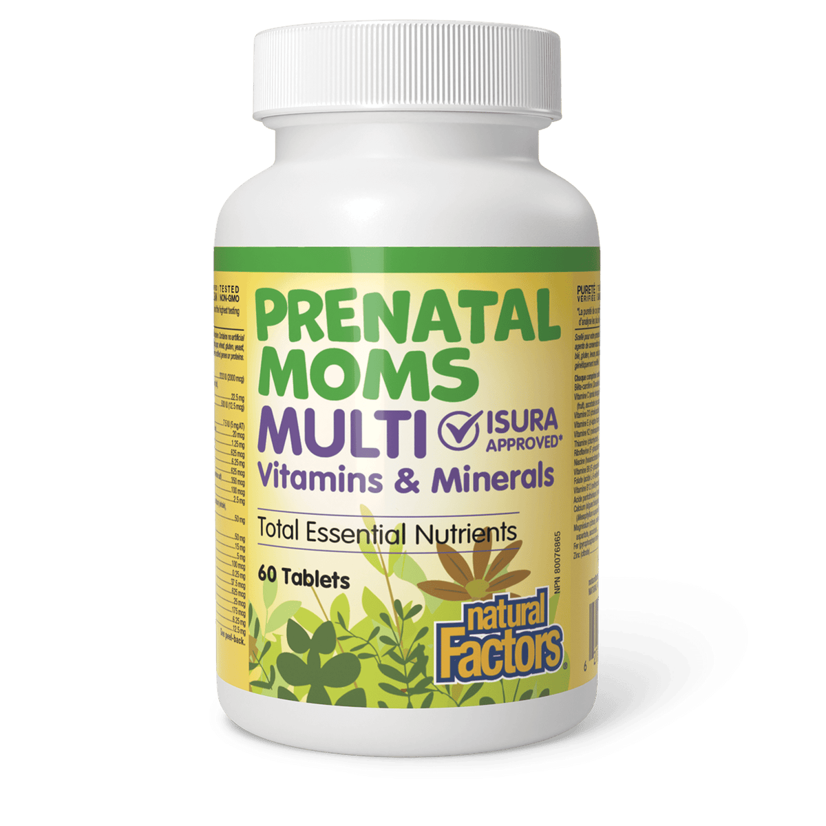 A bottle of Natural Factors Prenatal Moms Multi Vitamins & Minerals with 60 tablets. The label shows various vitamins and minerals, and mentions that it includes total essential nutrients.