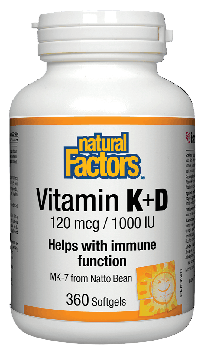 A bottle of Natural Factors Vitamin K+D softgels, Canadian label sold by nitvd.com