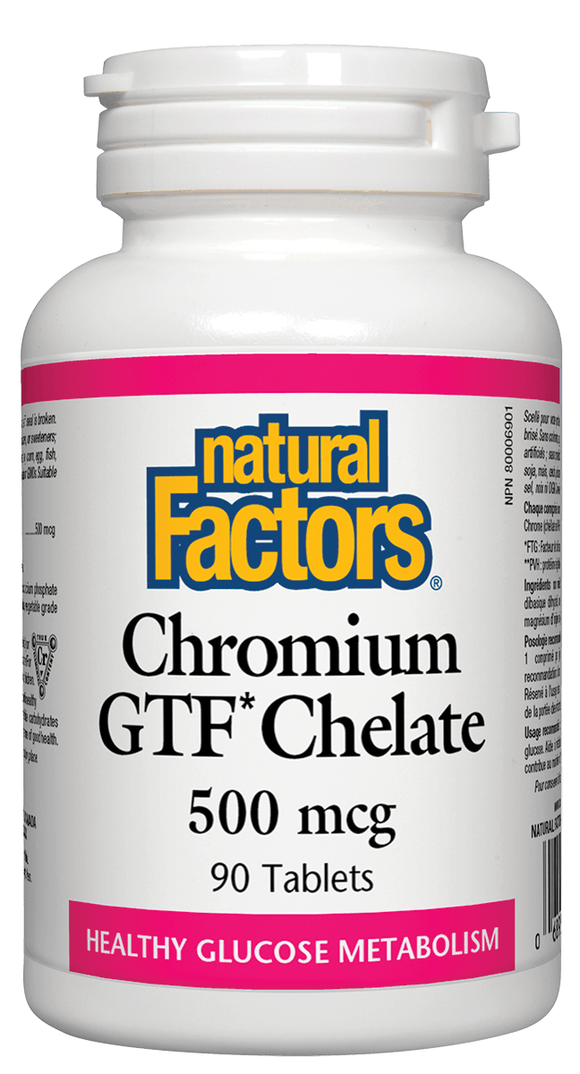A bottle of Natural Factors Chromium GTF Chelate with 500 mcg dosage, containing 90 tablets for healthy glucose metabolism.