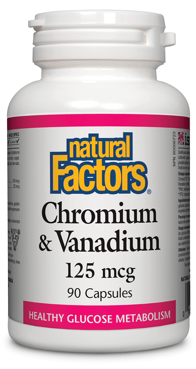 A bottle of Natural Factors Chromium & Vanadium supplement with 125 mcg of each mineral, labeled for healthy glucose metabolism.