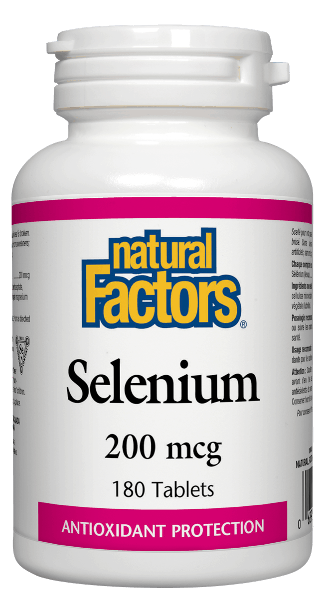 Bottle of Natural Factors Selenium 200 mcg, 180 tablets, antioxidant protection.