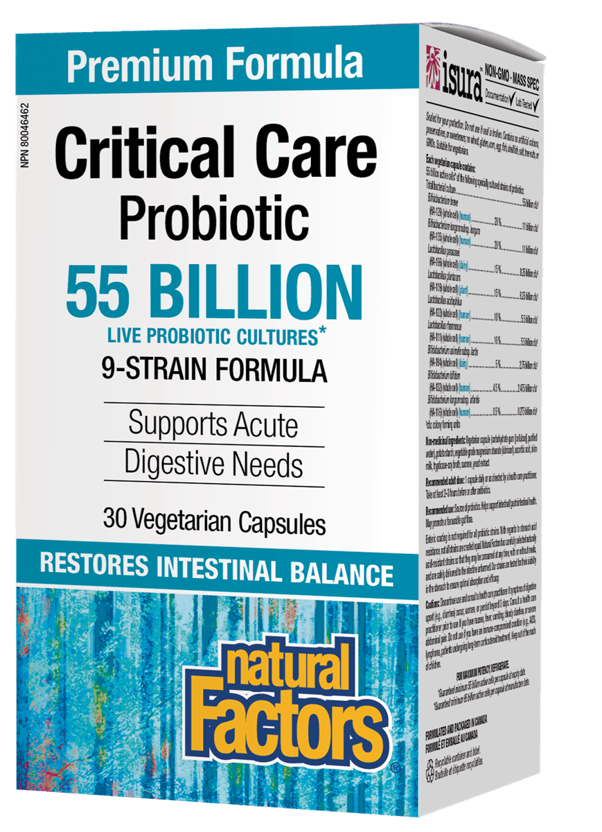 A box of Natural Factors Critical Care Probiotic with 55 Billion Active Cells, 30 Vegan Capsules, highlighting the live probiotic culture formula and supporting digestive needs.