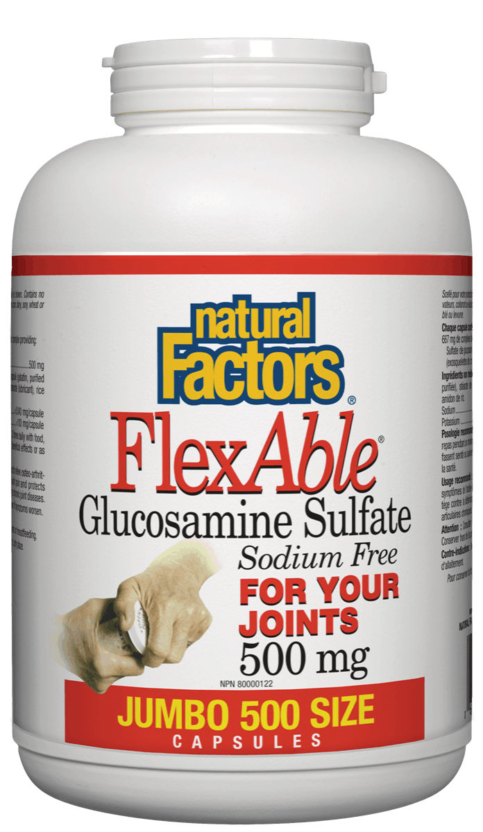 A container of Natural Factors FlexAble Glucosamine Sulfate, with the label indicating 500 mg per capsule, joint support, and no sodium.
