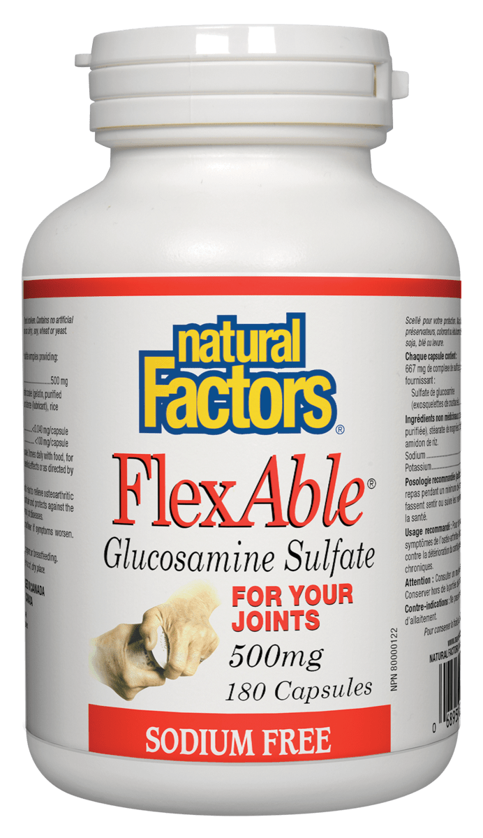 A bottle of Natural Factors FlexAble Glucosamine Sulfate, Sodium Free, with 180 capsules. The label indicates the glucosamine content and highlights that it is sodium free.