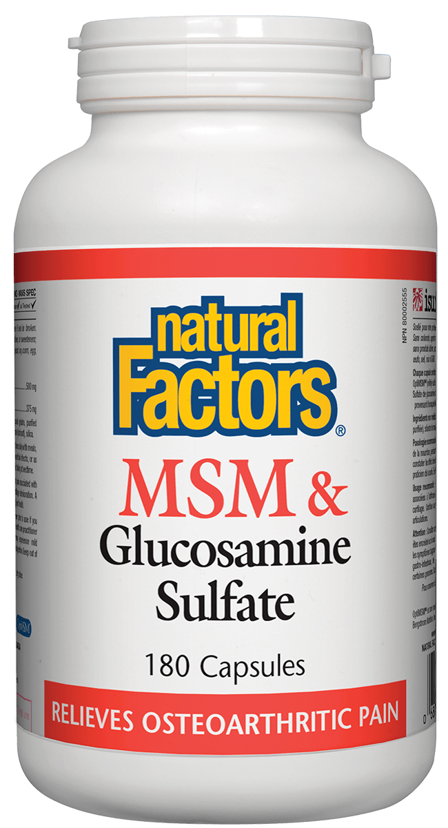 A bottle of Natural Factors MSM & Glucosamine Sulfate supplements with 180 capsules, featuring a white and red label.