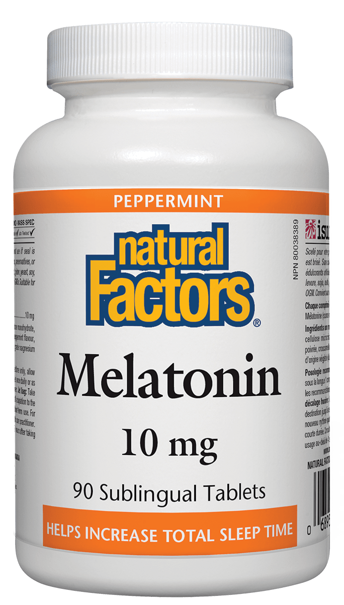 A bottle of Natural Factors Melatonin 10 mg sublingual tablets with a label that includes the brand name and product details.