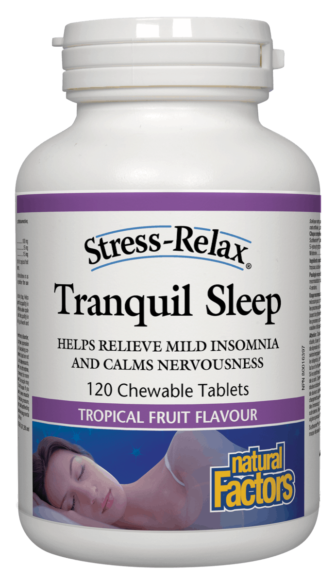 A bottle of Natural Factors Stress-Relax Tranquil Sleep supplement with 120 chewable tablets in tropical fruit flavor.
