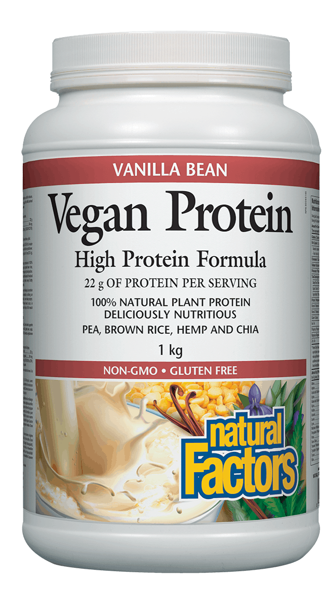 A container of Natural Factors Vegan Protein powder in Vanilla Bean flavor, with serving size and protein content information on the label.