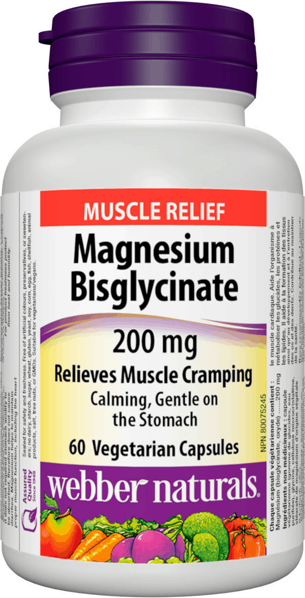 Webber Naturals Magnesium Bisglycinate 200mg 60 vegetarian capsules canadian label