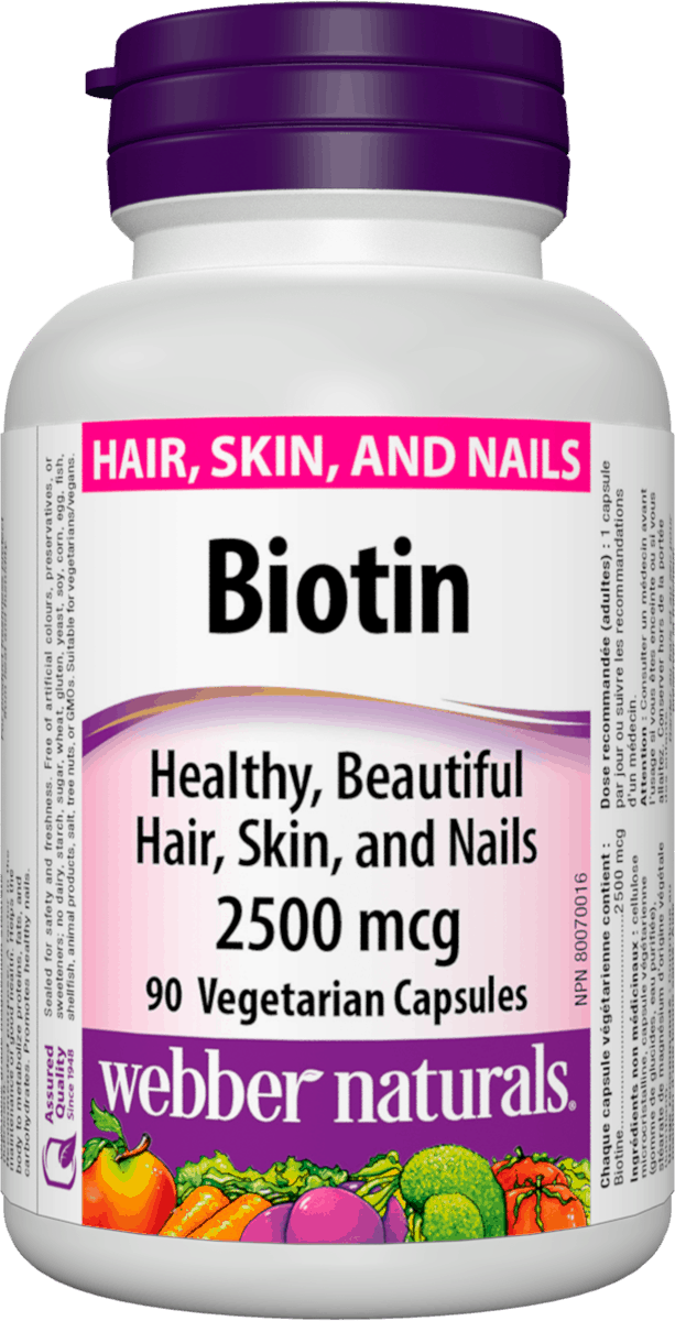 Webber Naturals Biotin 2500 mcg 90 Vegetarian Capsules label from Canada