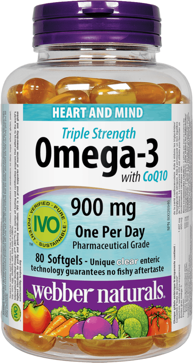 Omega-3 supplement bottle with purple cap and label, featuring Webber Naturals branding. Available online at nitvd.com Canada natural vitamin direct inc