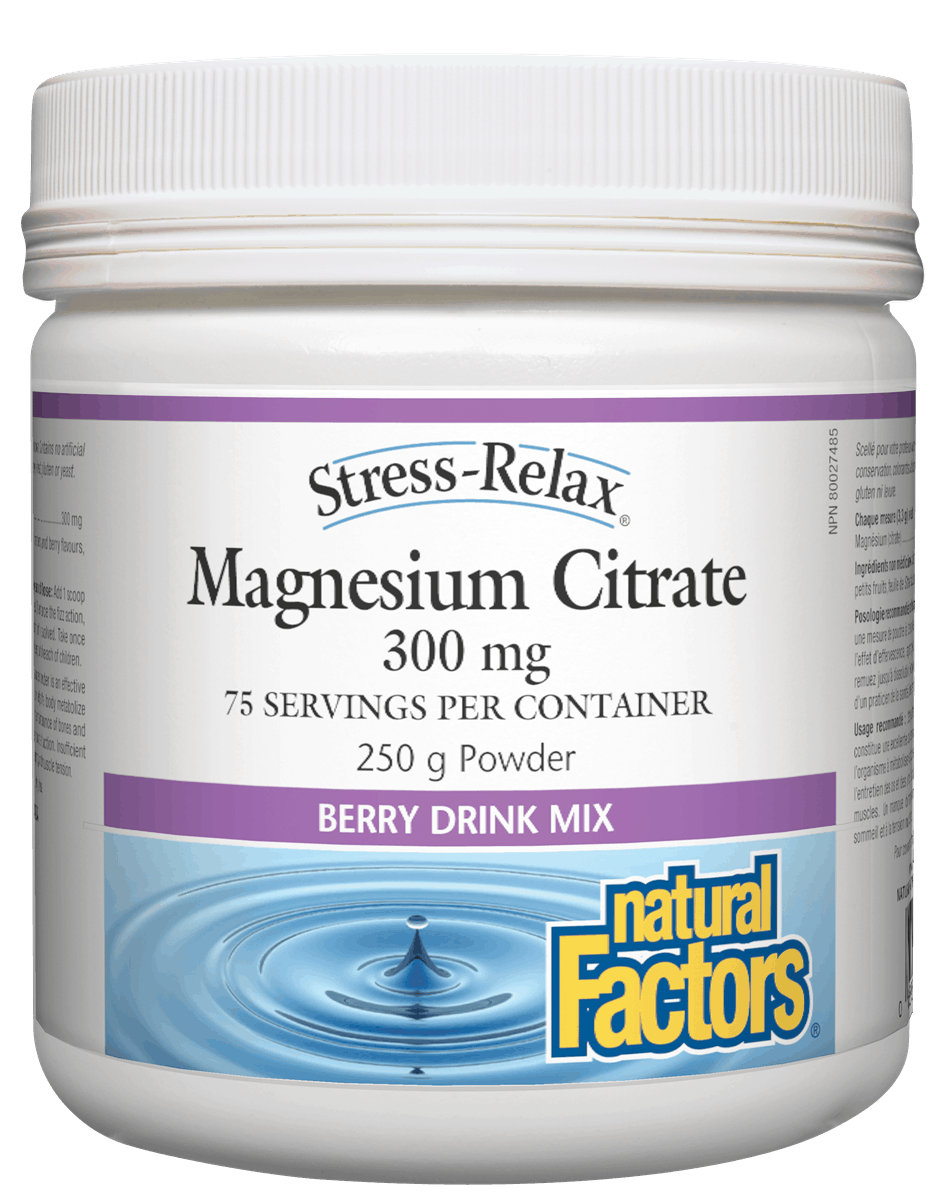 Container of Natural Factors Stress-Relax Magnesium Citrate Powder in Berry flavor, 300 mg per scoop, with the branding and product information displayed on the label.
