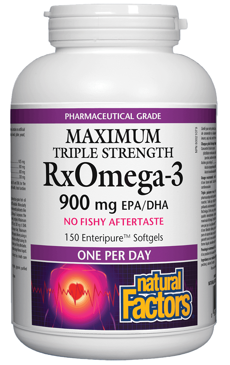Bottle of Natural Factors RxOmega-3 supplement with purple label sold by natural vitamin direct canada
