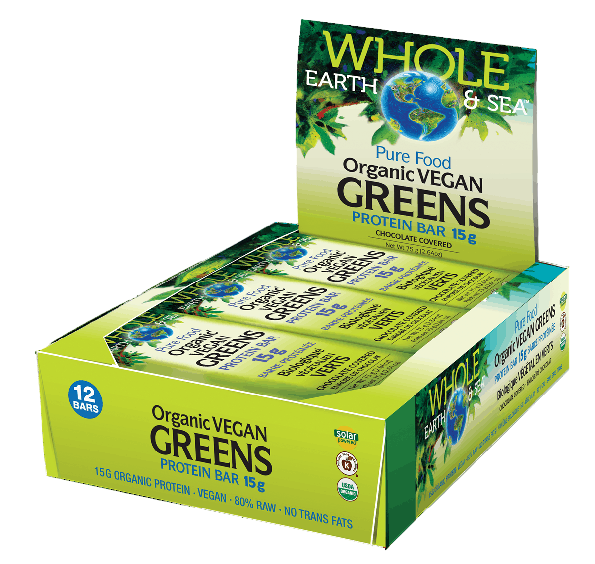 A box of Natural Factors Organic Vegan Greens Protein Bars, with individual bars visible inside the box. The bars are chocolate-covered and the packaging is bright green with images of fruits and vegetables, emphasizing the natural and organic aspect of the product.