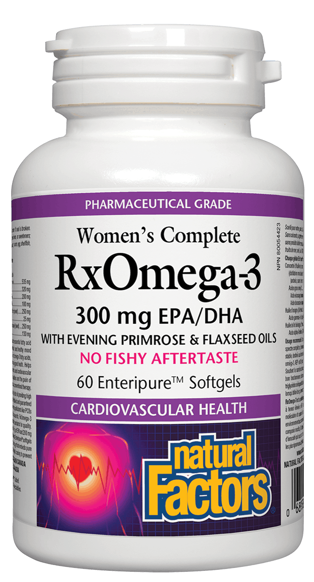 A bottle of Natural Factors Women's Complete RxOmega-3 softgels, with 60 gel capsules for dietary supplement.