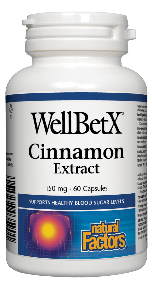A bottle of Natural Factors WellBetX Cinnamon Extract, containing 60 capsules, with a label showing the product name and the phrase 'supports healthy blood sugar levels'.