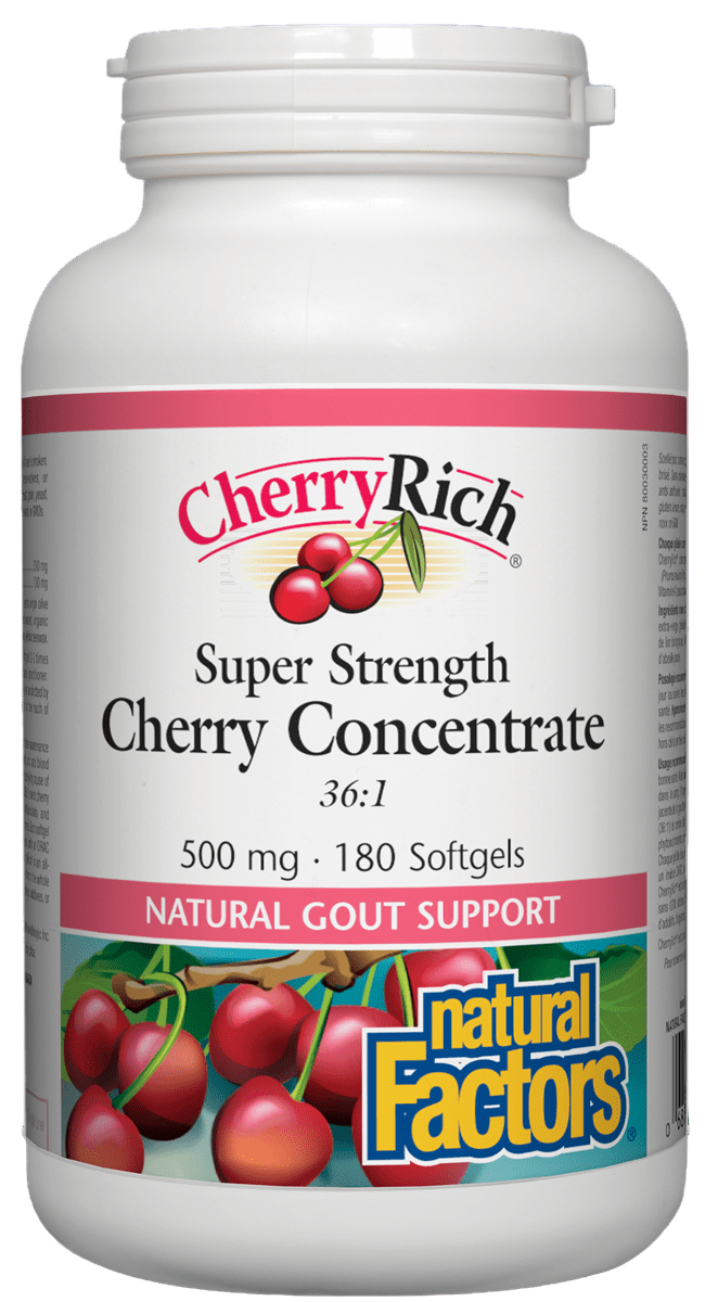 Bottle of Natural Factors CherryRich Super Strength Concentrate Canadian label sold by nitvd.com