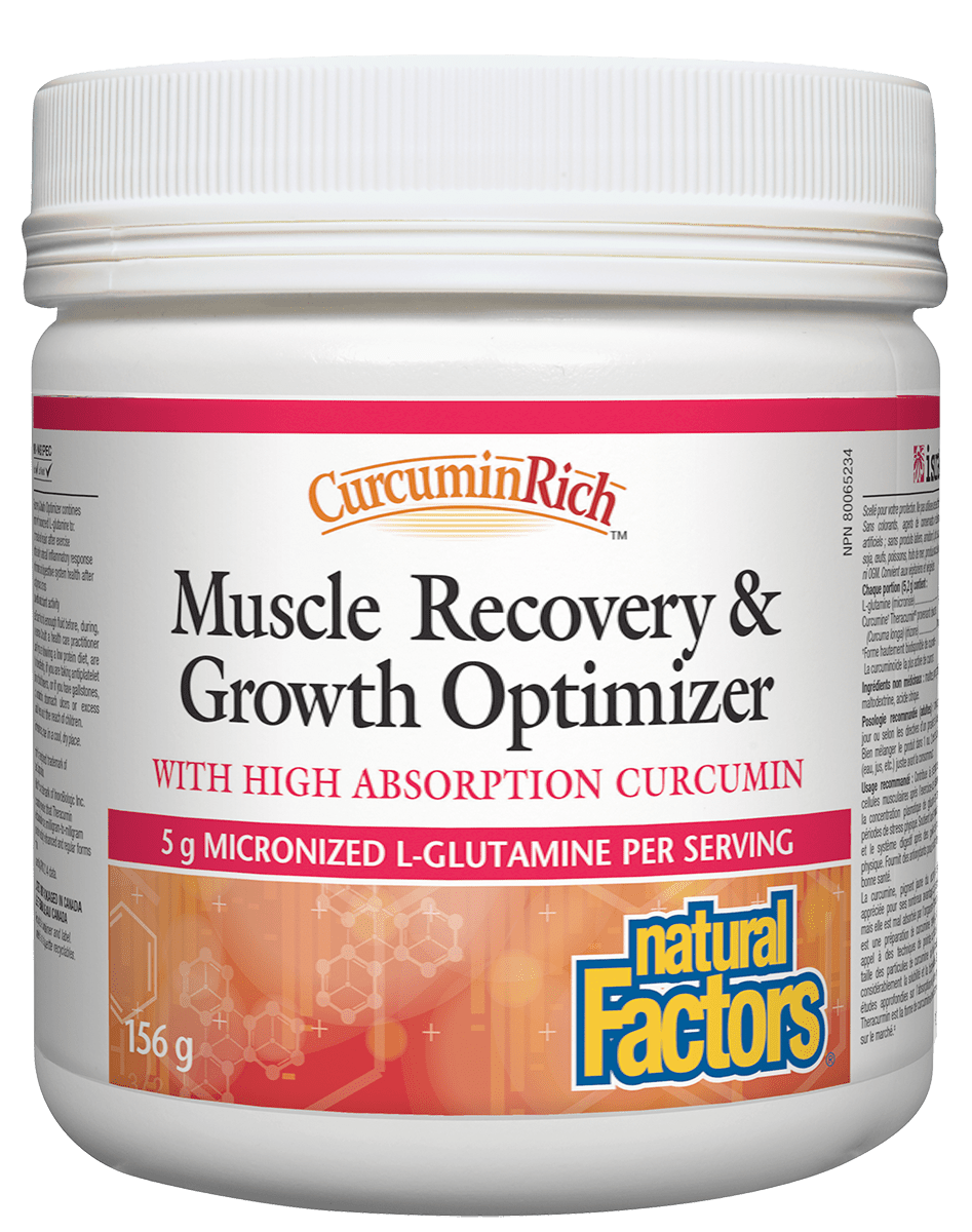 A container of Natural Factors Muscle Recovery & Growth Optimizer with high absorption curcumin and micronized L-glutamine per serving, 5.2 g size.