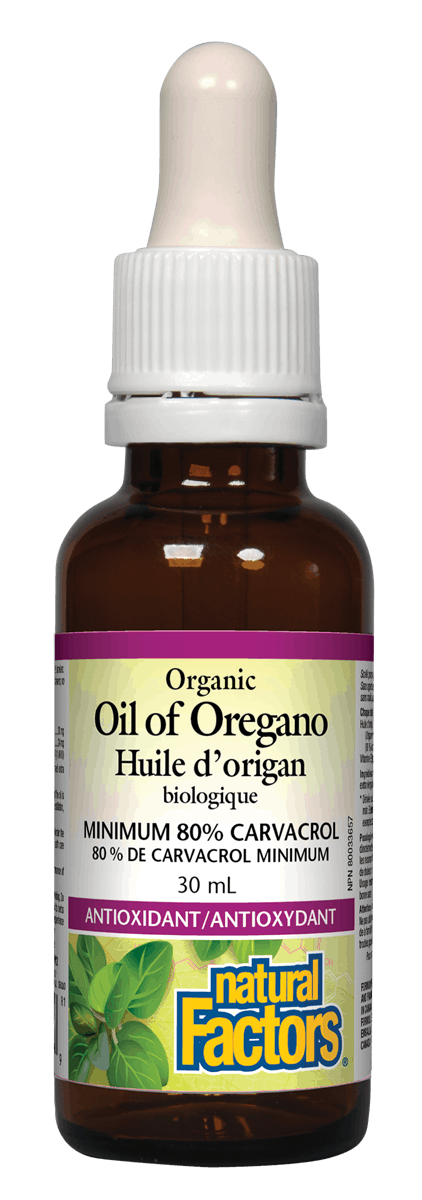 A bottle of Natural Factors Organic Oil of Oregano, 30 mL with a label indicating 80% Carvacrol, minimum 80% concentration, and other product details.