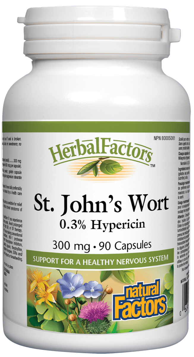 A bottle of Natural Factors St. John's Wort extract, with 90 capsules, each containing 300 mg of the supplement.