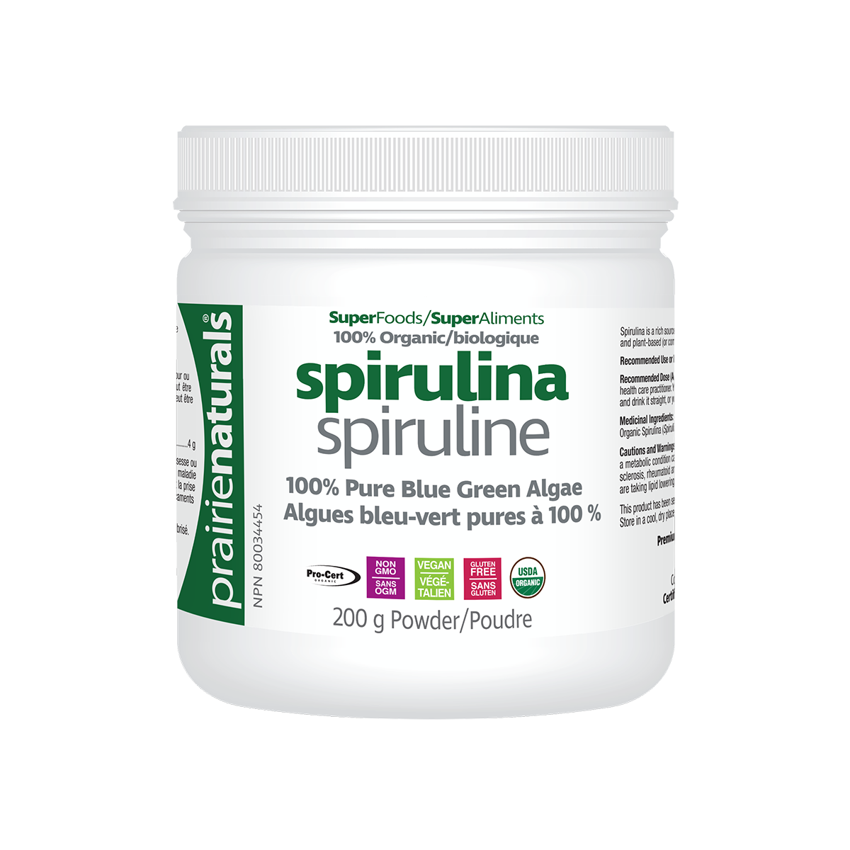 Prairie Naturals Organic Spirulina 200g powder Canada