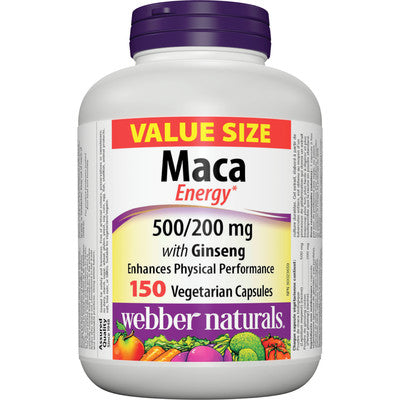 Maca Energy 500/200 mg supplement bottle with Webber Naturals branding on a white background Canadian label natvd