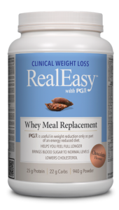 A container of Natural Factors RealEasy with PGX Whey Meal Replacement in Chocolate flavor, showing the product name, weight (940g), and additional information.